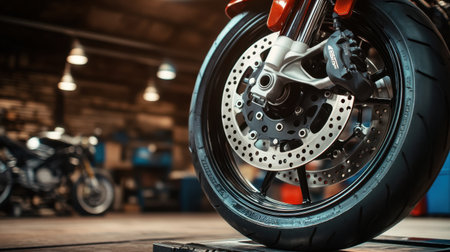 This close-up image showcases the intricate details of a motorcycle wheel and brake system in a modern workshop, emphasizing precision and craftsmanship.の素材