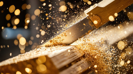 A dynamic close-up of a sharp knife cutting through wood, sending shavings flying in a blur of motion, enhanced by a glowing bokeh background that captures the essence of woodworking.の素材