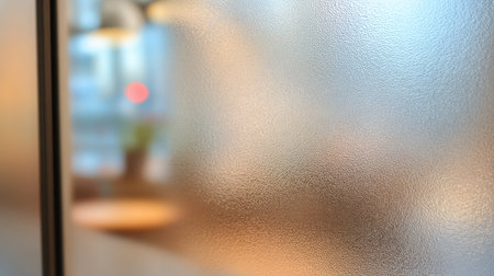 A softly blurred glass wall creates an inviting atmosphere in a modern cafe, with gentle light reflections adding to the cozy and warm ambiance of the space.の素材