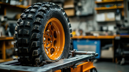 A close-up image showcasing an off-road tire mounted on a vibrant orange wheel, set against the backdrop of a well-equipped workshop filled with tools and machinery.の素材