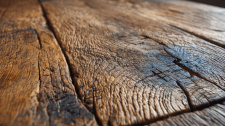Captivating close-up view of rustic wooden surface featuring rich grain patterns and textures, perfect for backgrounds and design inspirations in natural settings.の素材