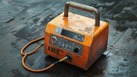 A vintage electric generator with a weathered orange exterior and cables, resting on a damp wooden surface, captures the essence of industrial tools in a workshop environment.の素材