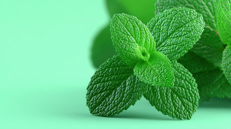 Captivating image of fresh mint leaves against a bright green backdrop, ideal for culinary, wellness, and natural remedy inspirations. Invokes freshness and vitality.の素材