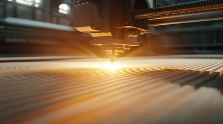 A close-up view of a laser cutting machine in action, focusing on the precise laser beam cutting through a wooden panel inside an industrial workshop environment.の素材