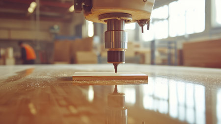 A detailed close-up of a CNC router cutting wood in a modern workshop. Natural light illuminates the workspace, highlighting reflections on the glossy surface.の素材