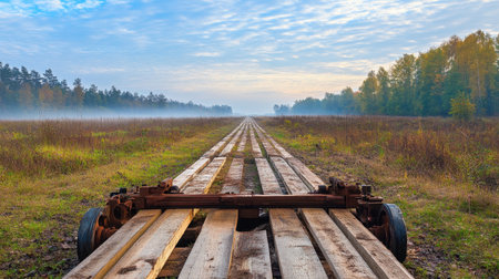 A stunning view of a wooden railway track stretching into the distance, surrounded by lush green forests and a misty atmosphere, perfect for evoking tranquility and adventure.の素材