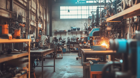 A vibrant industrial workshop filled with tools, machines, and sparks. The scene captures the essence of manufacturing with a busy and organized workspace.の素材