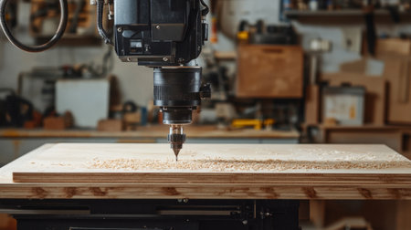 A CNC router operates in a woodworking shop, focusing on cutting and shaping wood surfaces. The well-organized workspace highlights precision tools for creative crafts.の素材