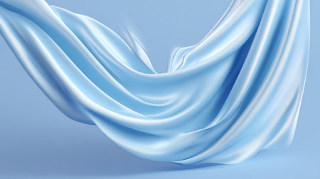 Light blue satin fabric elegantly flows and creates soft waves against a pastel background, embodying beauty and grace. Perfect for artistic and design projects.の素材