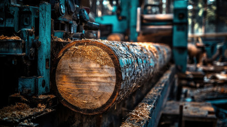A detailed view of a wooden log in a sawmill, showcasing machinery and wood shavings in a forest setting. The industrial process highlights woodworking techniques.の素材