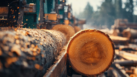 Freshly cut logs roll off a lumber mill as sawdust fills the air. This image captures the essence of wood processing in a serene forest landscape during the day.の素材