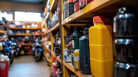 An organized workshop features colorful bottles and containers neatly arranged on shelves, with motorcycles visible in the background, showcasing a practical space for maintenance tasks.の素材