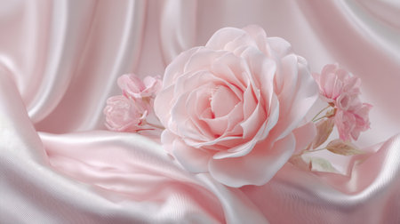 A soft pink rose rests gracefully on luxurious satin fabric, accompanied by gentle blossoms. This romantic composition captures elegance and beauty in a serene setting.の素材