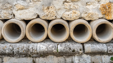 A neat arrangement of circular concrete pipes set against a textured stone wall, showcasing construction elements ideal for architectural and industrial themes.の素材