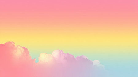 A captivating view of a soft pastel sunrise featuring fluffy pink clouds against a smooth gradient sky of yellow and blue, evoking tranquility and beauty.の素材