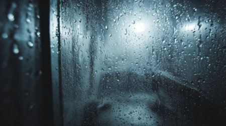 This image captures the intimate moment of water droplets resting on a glass surface, with a softly illuminated background creating an intriguing and atmospheric scene.の素材