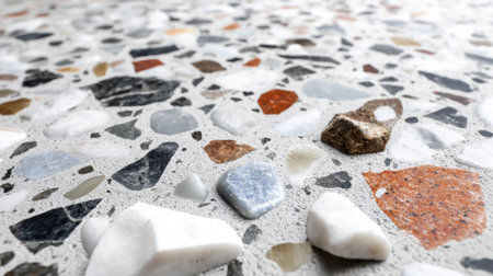 A detailed close-up of a decorative stone aggregate concrete surface showcasing an array of colors and textures, ideal for diverse design and construction projects.の素材