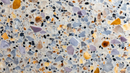 A close-up view of a colorful chip aggregate texture showcasing varied stones and minerals on a smooth surface, ideal for decoration or construction applications.の素材