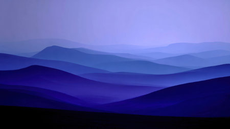 Explore this captivating landscape featuring soft hues of blue and purple in layered hills, creating a tranquil atmosphere that invites peace and reflection.の素材