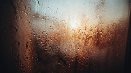 A captivating view of a sunrise seen through foggy glass, with raindrops creating a dreamy atmosphere, capturing the beauty and tranquility of early morning moments.の素材