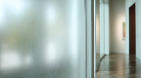 A close-up of a frosted glass panel in a modern office, emphasizing light effects and minimalist design, featuring wooden flooring and distant artwork.の素材