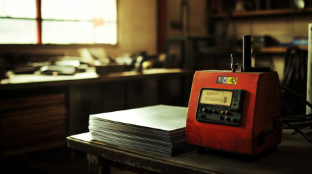 A close-up view of vintage industrial equipment set in a workshop, with neatly stacked metal sheets showcasing a blend of craftsmanship and utility, illuminated by natural light.の素材