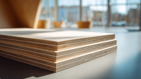 A stack of light wooden planks rests on a smooth surface, illuminated by soft sunlight, perfect for showcasing modern design and craftsmanship in artistic projects.の素材