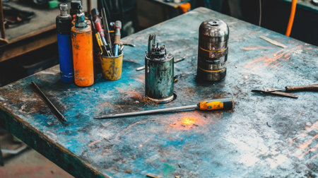 An organized workshop table features various tools and equipment, showcasing the essence of craftsmanship and manual work in an industrial environment.の素材