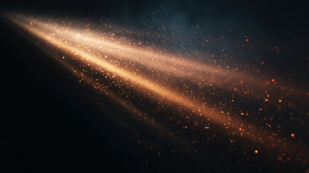 Captivating image showcasing abstract light rays streaming through darkness, filled with glowing particles and glitter, perfect for creative and artistic projects.の素材