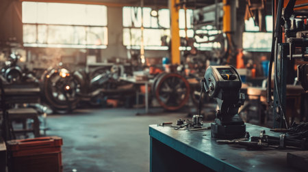 This image captures a detailed view of a vibrant workshop filled with tools and machinery, illuminated by natural light, showcasing the essence of industrial craftsmanship.の素材