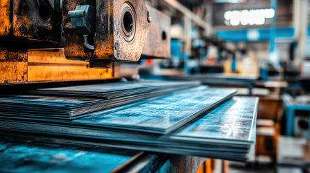 This detailed image captures the intricate workings of industrial machinery in a factory, showcasing stacked metal sheets and the vibrant atmosphere of a workshop.の素材
