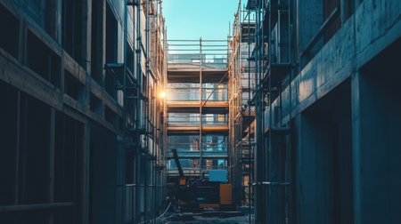 A captivating view of a construction site showing scaffolding between buildings during sunset. The bright blue sky adds depth to the urban environment.の素材