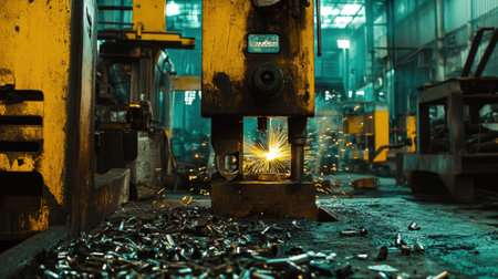 A captivating scene of a hydraulic press in a bustling factory, with flying sparks illuminating a workspace filled with scattered tools, showcasing the energy of industrial metalworking.の素材