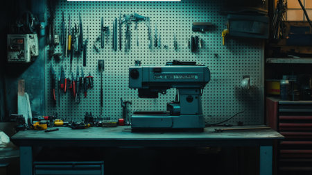 A captivating vintage workshop scene featuring an array of tools and machinery on a well-used workbench, with soft lighting enhancing the creative atmosphere and practical arrangement.の素材