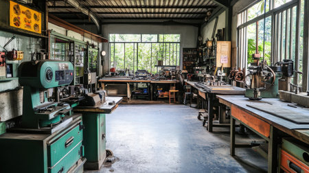 An inviting and spacious workshop filled with various tools and machinery, illuminated by natural sunlight, ideal for inspiring creativity and craftsmanship in any project.の素材