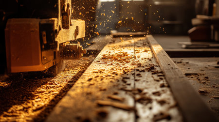 A woodworking machine operates in a warm, inviting light, producing fine shavings and dust, capturing the intricate process of craftsmanship and artistry in action.の素材