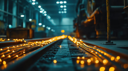 A mesmerizing view of glowing lights along industrial tracks in a warehouse setting, featuring rich blue tones and soft focus that evoke a sense of mystery and depth.の素材