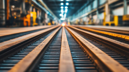 A captivating close-up image of railway tracks within an industrial warehouse, featuring a blurred background. The soft lighting accentuates the depth of field and perspective.の素材