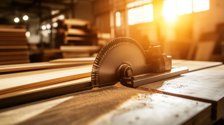 A circular saw rests on a wooden surface in a workshop, reflecting sunlight and creating a warm atmosphere that enhances the focus on carpentry and woodwork.の素材