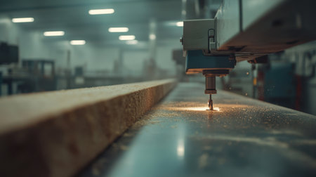 A detailed close-up of a CNC router in action, showcasing precision wood cutting in a workshop filled with ambient light and flying wood shavings, exemplifying craftsmanship.の素材