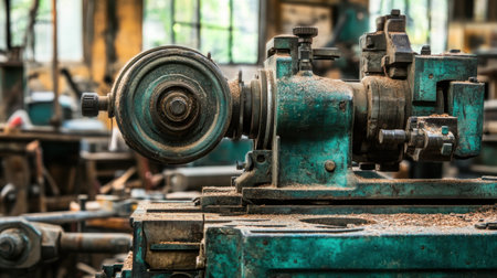 An intriguing view of a vintage industrial machine in an abandoned workshop, showcasing intricate details and rustic charm amidst wood shavings and tools.の素材