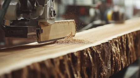 A detailed view of a circular saw cutting through a raw wooden log, capturing the flying wood shavings and showcasing the intricate details of the woodworking process.の素材