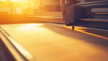 The image showcases a precision cutting machine in a modern workshop, highlighting intricate details and soft sunlight casting an inviting glow on the surface.の素材