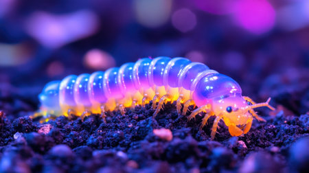 A stunning close-up of a vibrant larvae on dark soil surrounded by creative purple and blue lighting. This macro photography captures intricate details of nature.の素材