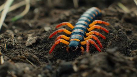 This captivating image showcases a vibrant centipede crawling across the rich soil, revealing intricate details of its colorful body and natural habitat.の素材