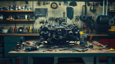 A striking image of an engine prominently placed on a workbench, showcasing various tools and equipment in a meticulously organized garage workshop setting.の素材