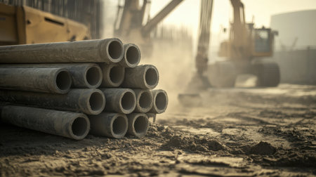 A construction site featuring a stack of pipes and heavy machinery working in the dusty morning light, symbolizing ongoing urban development and industry.の素材