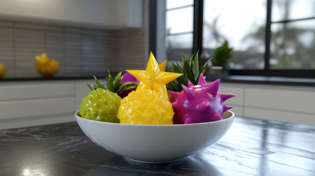 This image features colorful decorative fruits arranged in a bowl on a modern kitchen countertop, showcasing vibrant colors and unique shapes that enhance interior aesthetics.の素材