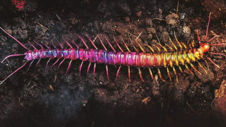 Explore the vibrant colors of a centipede crawling on soil, showcasing intricate patterns and details. A striking example of natureの素材