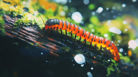 Discover the stunning details of a colorful caterpillar crawling on a moss-covered log, showcasing the beauty of nature and the intricate patterns of wildlife.の素材